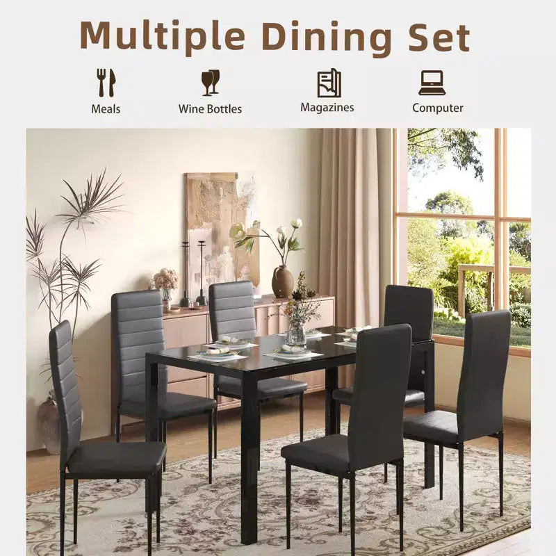 EROMMY Ebern Designs 7-piece Glass Top Dining Table Set, Kitchen Table And 6 Luxury Faux Leather Chairs,Black