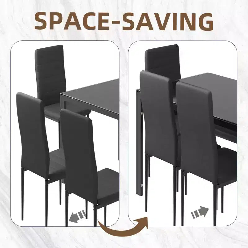 EROMMY Ebern Designs 7-piece Glass Top Dining Table Set, Kitchen Table And 6 Luxury Faux Leather Chairs,Black