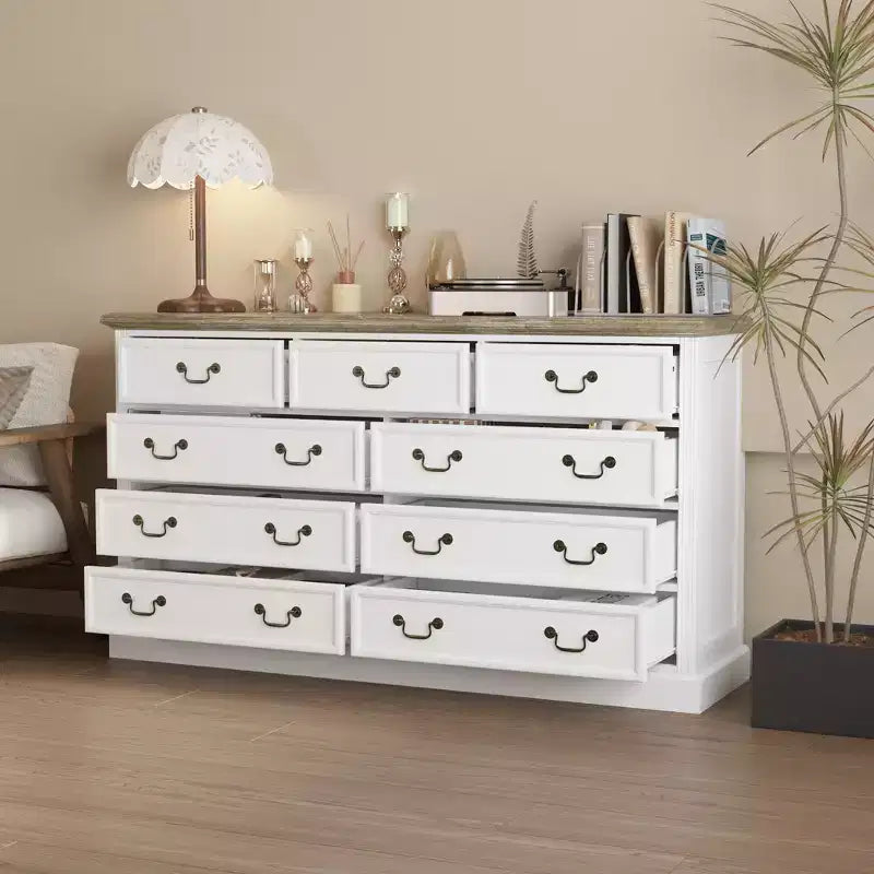 Famapy White 9-Drawer Dresser Storage: Chic Design with Antique Brass Handles and Rustic Top for Special Appeal