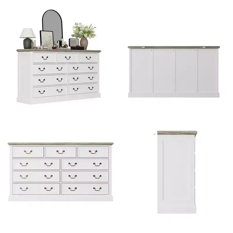 Famapy White 9-Drawer Dresser Storage: Chic Design with Antique Brass Handles and Rustic Top for Special Appeal