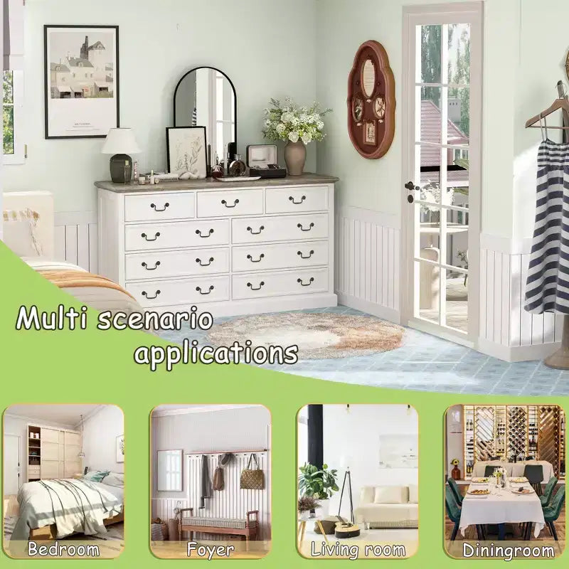 Famapy White 9-Drawer Dresser Storage: Chic Design with Antique Brass Handles and Rustic Top for Special Appeal