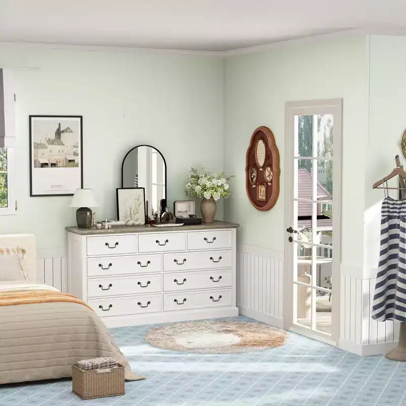 Famapy White 9-Drawer Dresser Storage: Chic Design with Antique Brass Handles and Rustic Top for Special Appeal