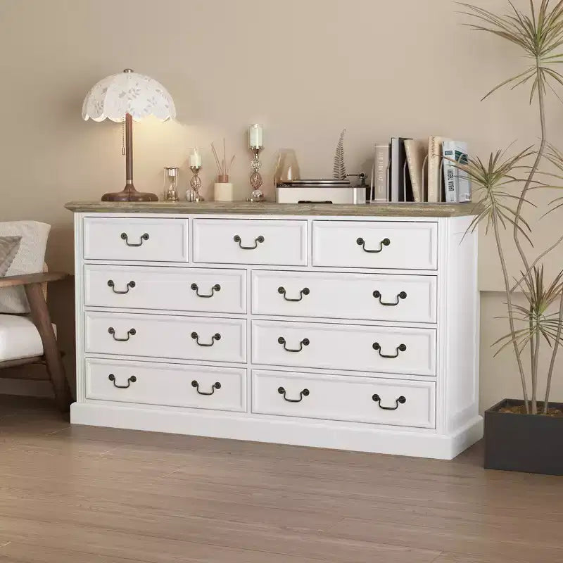 Famapy White 9-Drawer Dresser Storage: Chic Design with Antique Brass Handles and Rustic Top for Special Appeal