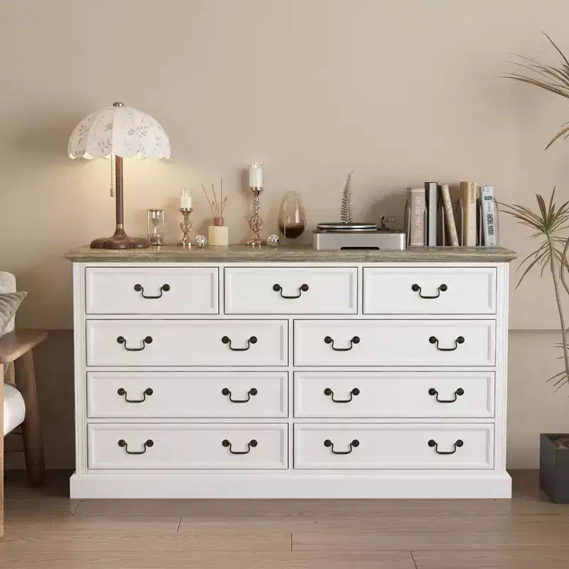 Famapy White 9-Drawer Dresser Storage: Chic Design with Antique Brass Handles and Rustic Top for Special Appeal