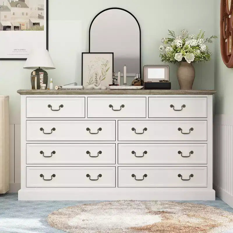 Famapy White 9-Drawer Dresser Storage: Chic Design with Antique Brass Handles and Rustic Top for Special Appeal