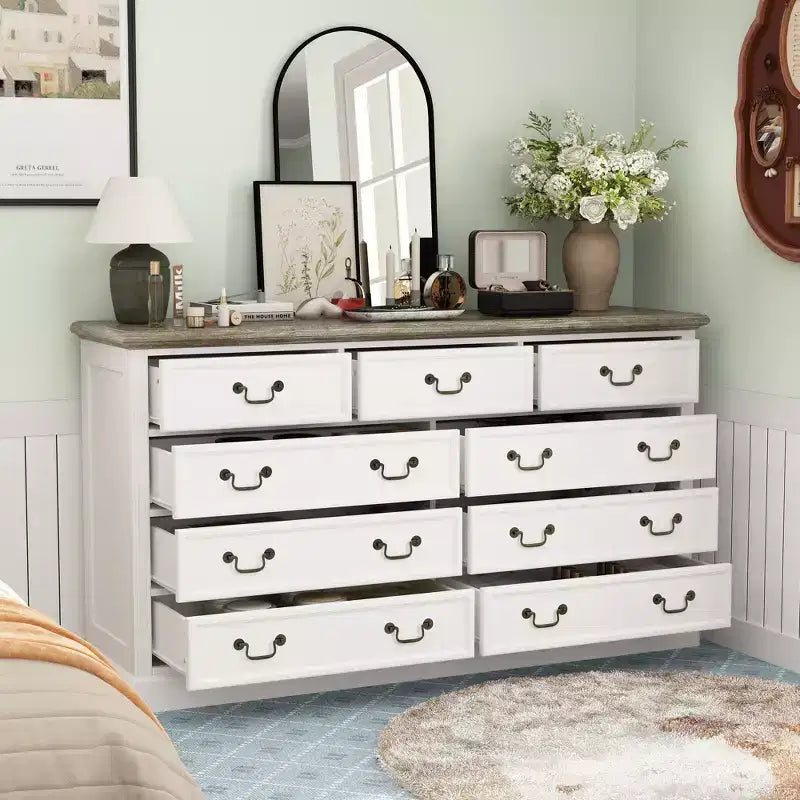 Famapy White 9-Drawer Dresser Storage: Chic Design with Antique Brass Handles and Rustic Top for Special Appeal