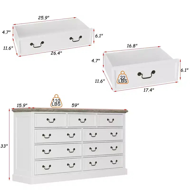 Famapy White 9-Drawer Dresser Storage: Chic Design with Antique Brass Handles and Rustic Top for Special Appeal