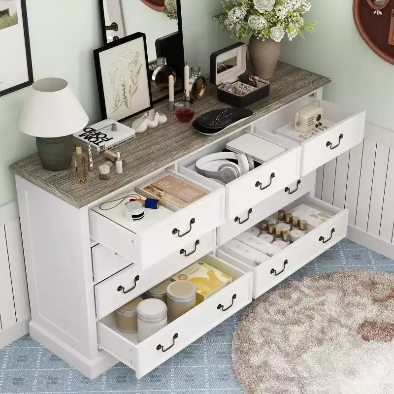 Famapy White 9-Drawer Dresser Storage: Chic Design with Antique Brass Handles and Rustic Top for Special Appeal