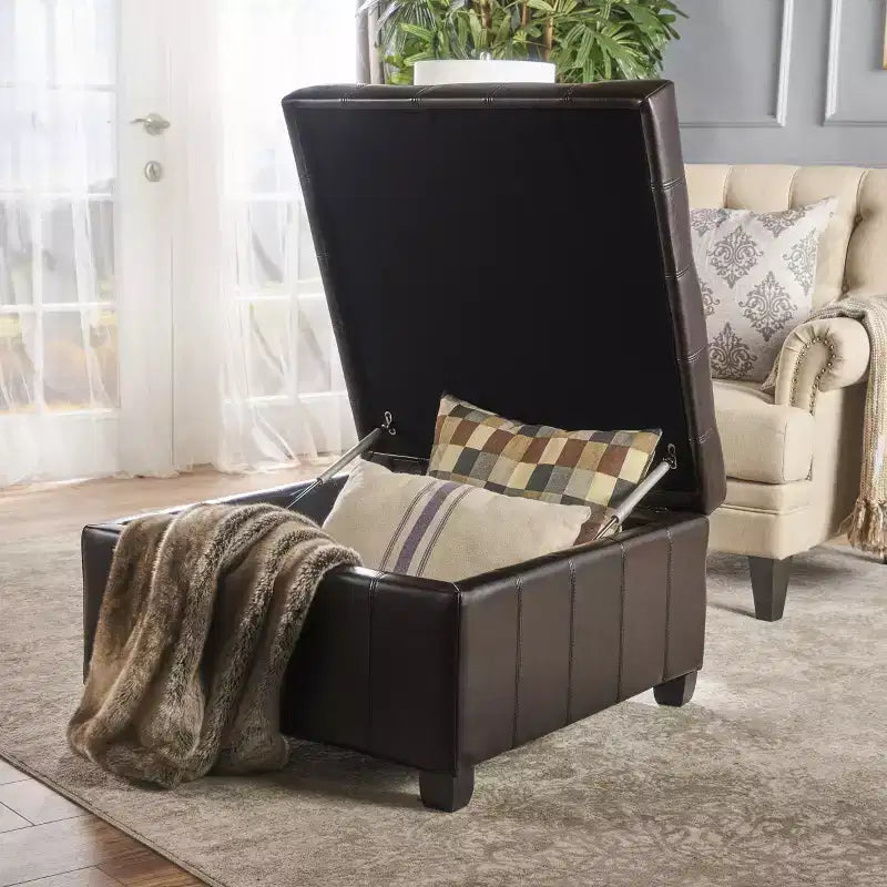 Christopher Knight Home Ellie Contemporary Tufted Faux Leather and Birch Wood Upholstered Storage Ottoman