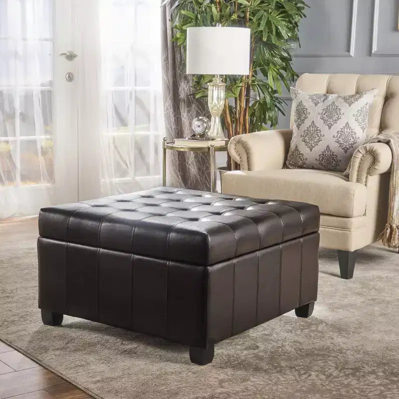 Christopher Knight Home Ellie Contemporary Tufted Faux Leather and Birch Wood Upholstered Storage Ottoman