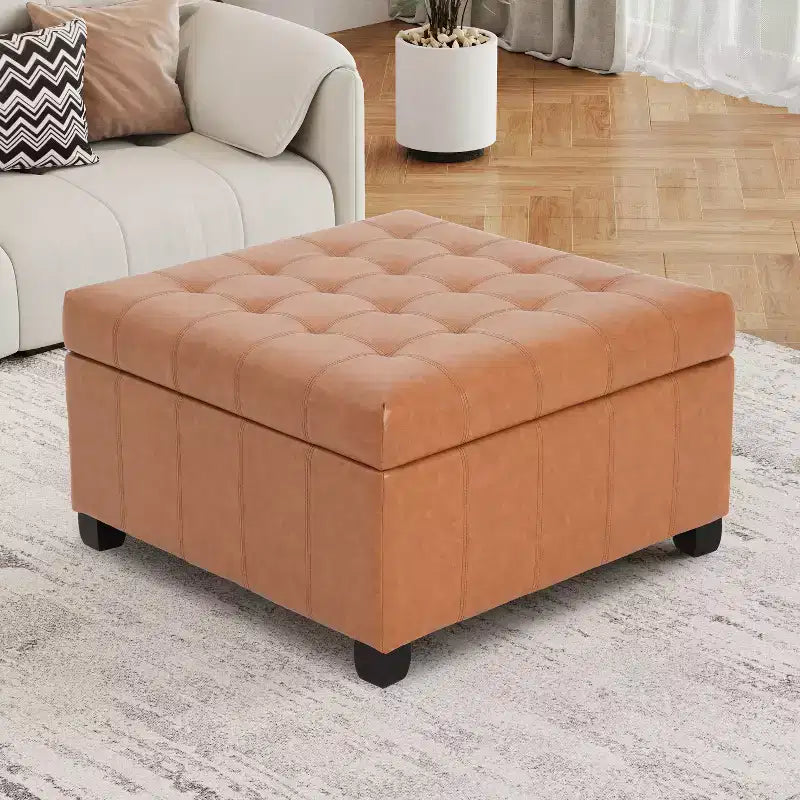 Christopher Knight Home Ellie Contemporary Tufted Faux Leather and Birch Wood Upholstered Storage Ottoman