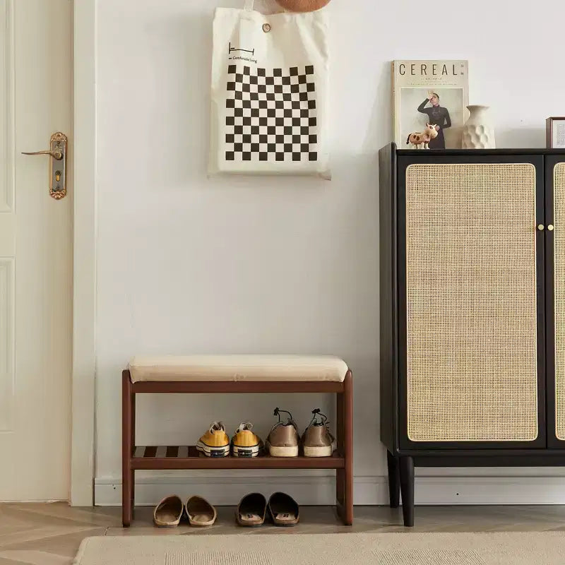 GDFStudio Broderick Beech Wood Slatted Shoe Rack, 23.63 W Upholstered Bench