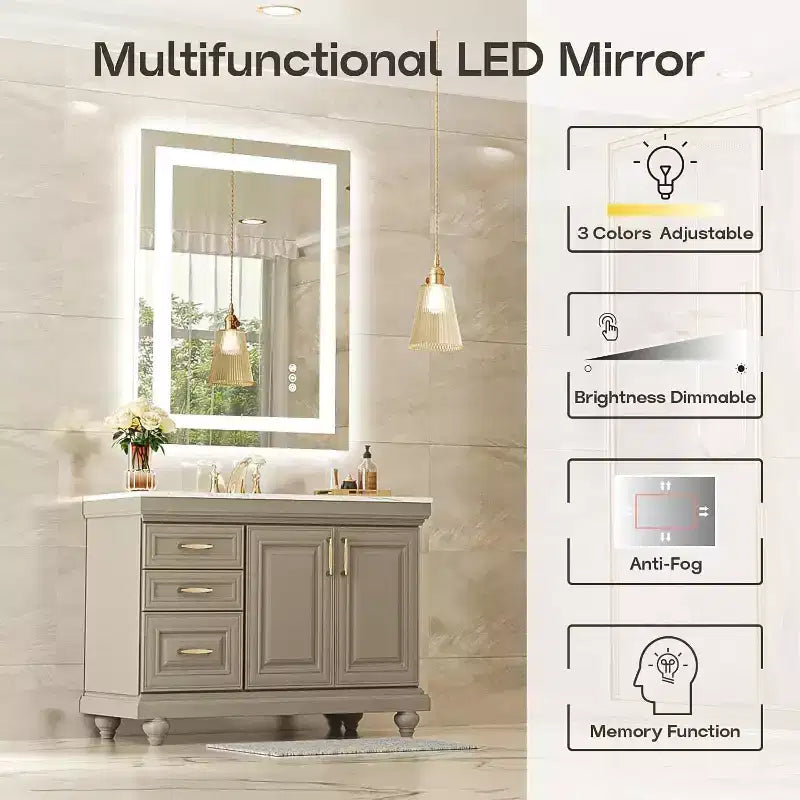 Espejo de Baño LED Antiempañamiento Regulable 3 Temperaturas de Color Montado en Pared Cristal Templado