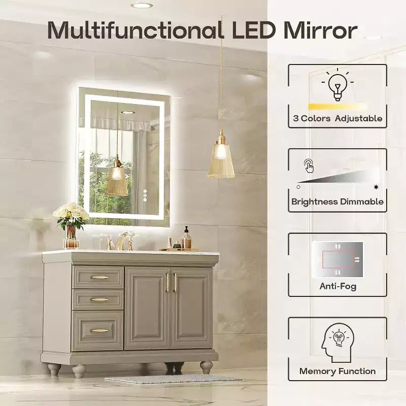 LED Mirror for Bathroom with Anti-Fog, 3 Colors Dimmable, Memory Function, Tempered Glass, ETL Listed, Wall-Mounted