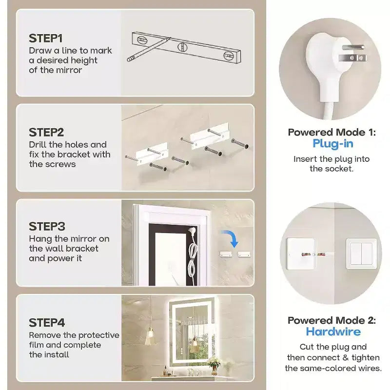 Espejo de Baño LED Antiempañamiento Regulable 3 Temperaturas de Color Montado en Pared Cristal Templado