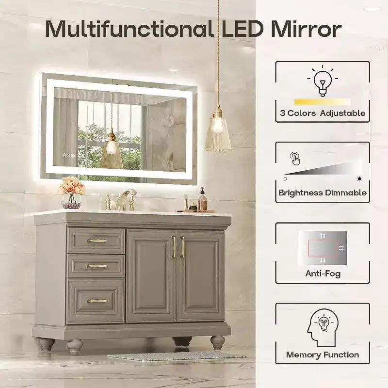 Espejo de Baño LED Antiempañamiento Regulable 3 Temperaturas de Color Montado en Pared Cristal Templado