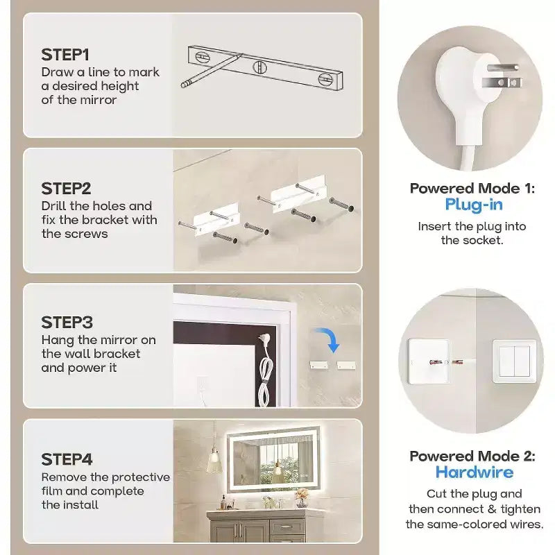 Espejo de Baño LED Antiempañamiento Regulable 3 Temperaturas de Color Montado en Pared Cristal Templado