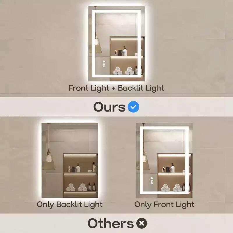LED Mirror for Bathroom with Anti-Fog, 3 Colors Dimmable, Memory Function, Tempered Glass, ETL Listed, Wall-Mounted