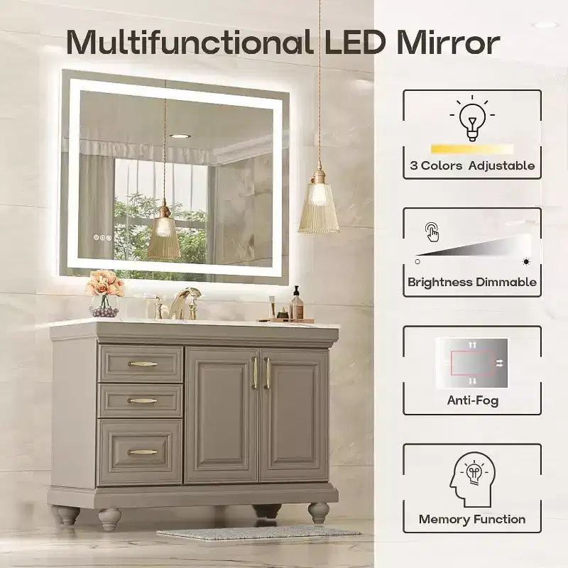 Espejo de Baño LED Antiempañamiento Regulable 3 Temperaturas de Color Montado en Pared Cristal Templado