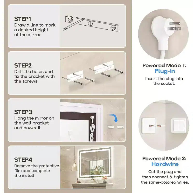 Espejo de Baño LED Antiempañamiento Regulable 3 Temperaturas de Color Montado en Pared Cristal Templado