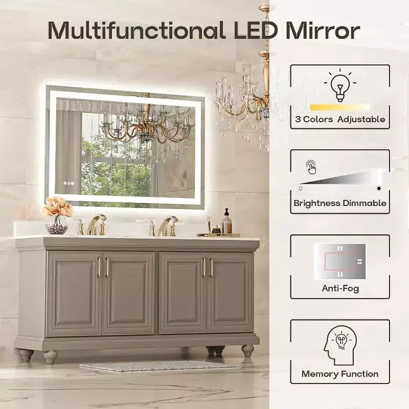 Espejo de Baño LED Antiempañamiento Regulable 3 Temperaturas de Color Montado en Pared Cristal Templado