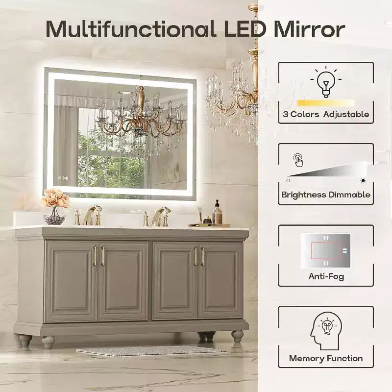 Espejo de Baño LED Antiempañamiento Regulable 3 Temperaturas de Color Montado en Pared Cristal Templado