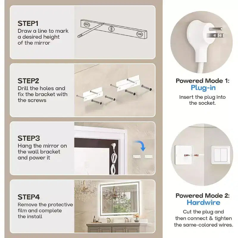 Espejo de Baño LED Antiempañamiento Regulable 3 Temperaturas de Color Montado en Pared Cristal Templado