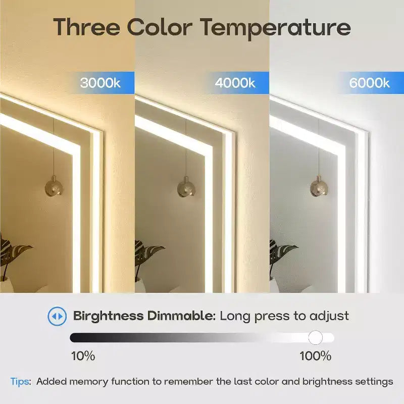 LED Mirror for Bathroom with Anti-Fog, 3 Colors Dimmable, Memory Function, Tempered Glass, ETL Listed, Wall-Mounted