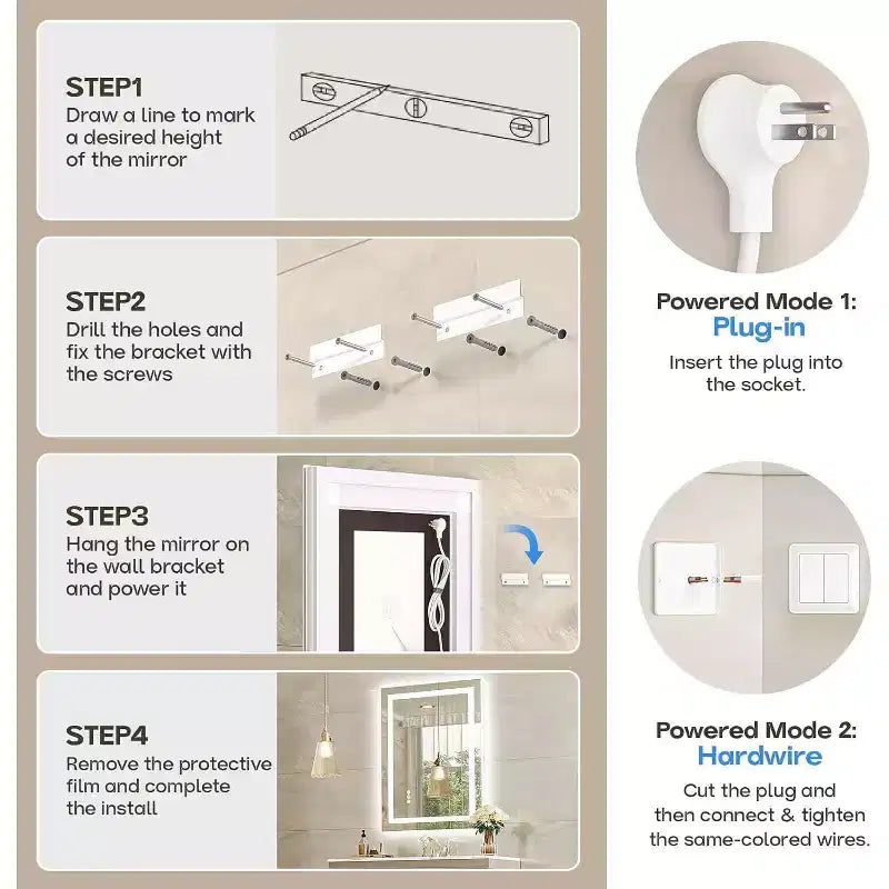 Espejo de Baño LED Antiempañamiento Regulable 3 Temperaturas de Color Montado en Pared Cristal Templado
