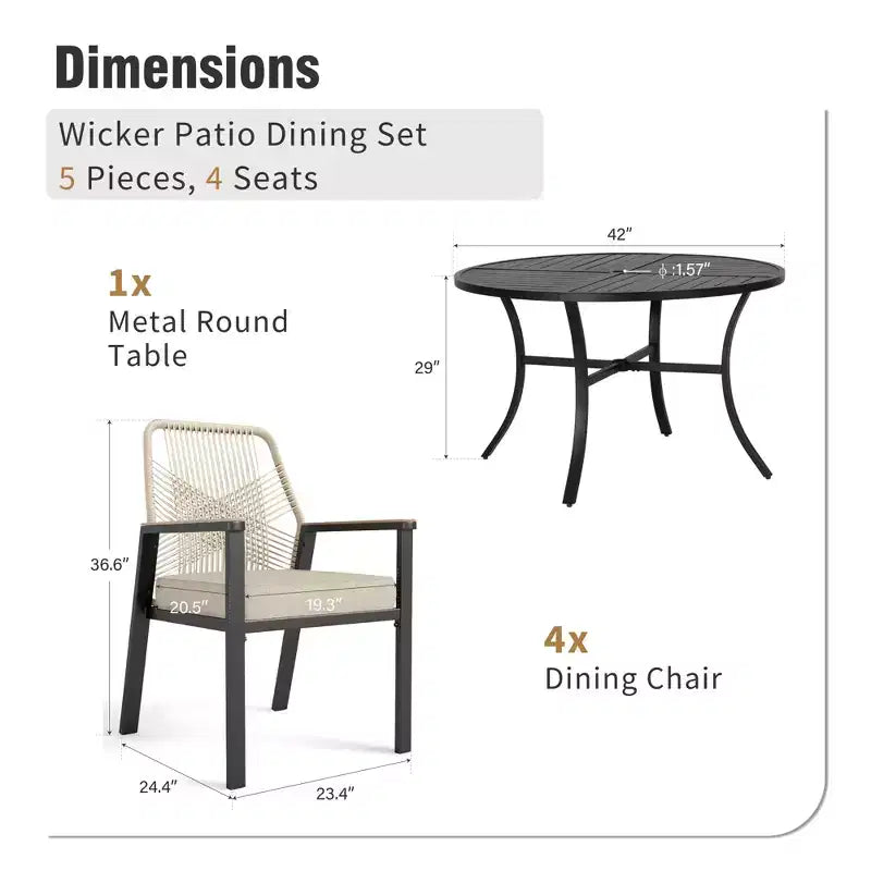 Captiva Designs Ensemble de salle à manger d'extérieur 5 pièces avec table ronde à lattes en acier et chaises en rotin beiges avec coussins épais
