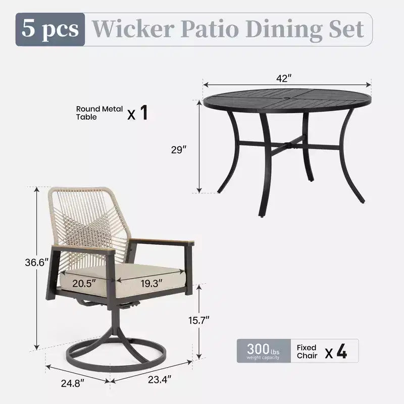 Captiva Designs Ensemble de salle à manger d'extérieur 5 pièces avec table ronde à lattes en acier et chaises en rotin beiges avec coussins épais