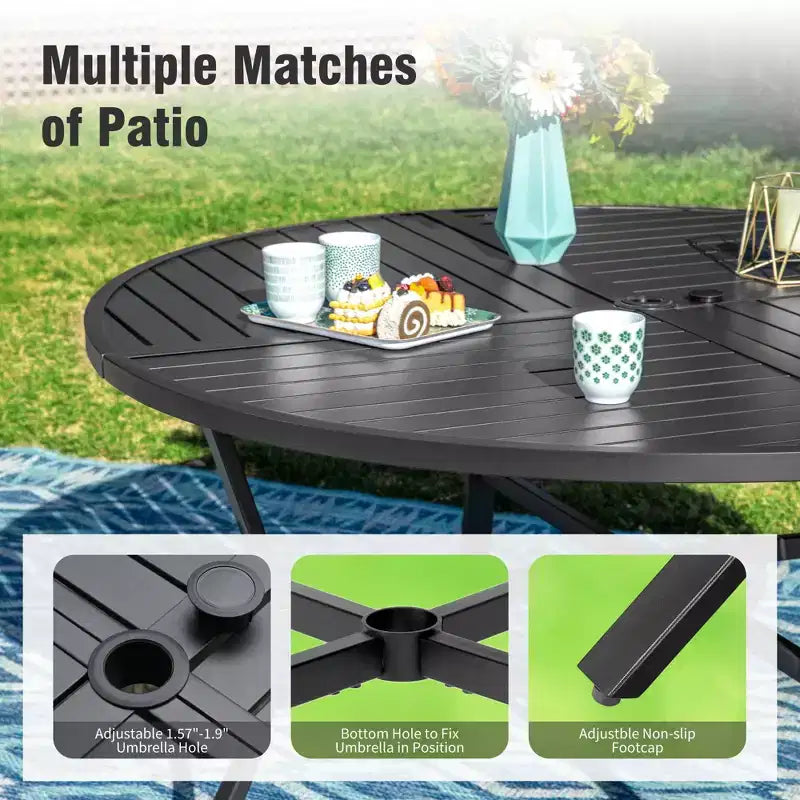 Captiva Designs Ensemble de salle à manger d'extérieur 5 pièces avec table ronde à lattes en acier et chaises en rotin beiges avec coussins épais