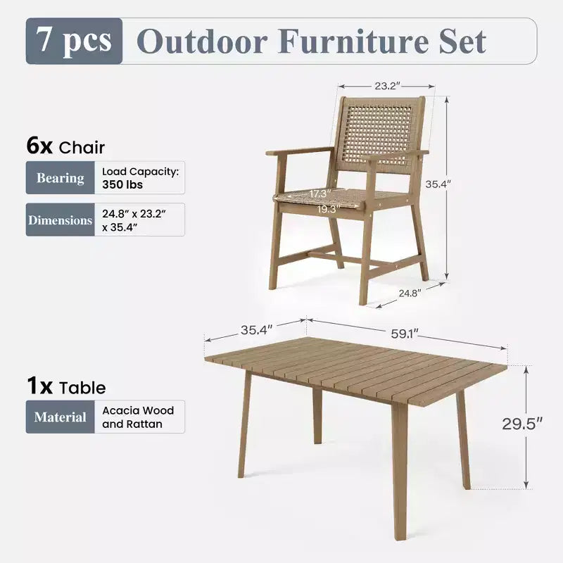 Captiva Designs Outdoor Patio Wood Dining Set with Rattan Chairs & 1 Acacia Wood Rectangular Table
