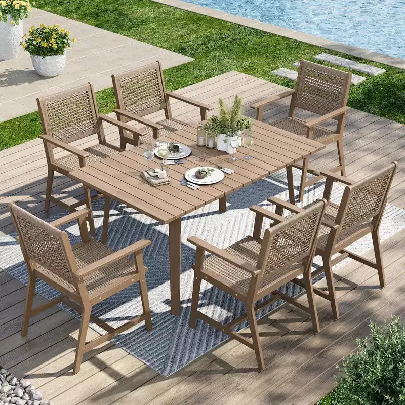 Captiva Designs Outdoor Patio Wood Dining Set with Rattan Chairs & 1 Acacia Wood Rectangular Table