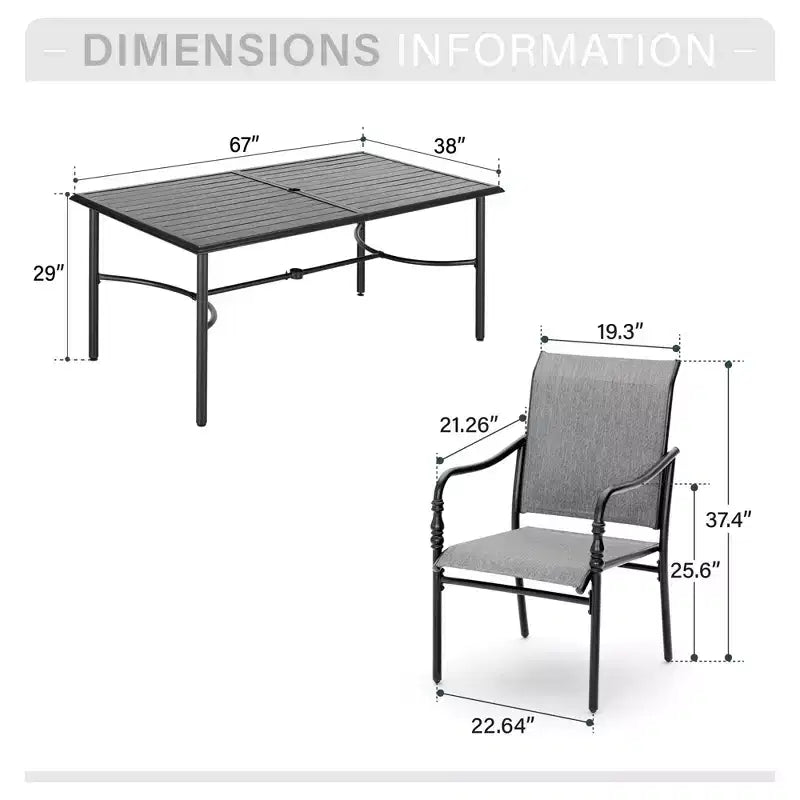 Captiva Designs 7 Pc Patio Outdoor Dining Set with Slat Tabletop Rectangular Table & Gray Textilene Fixed Chairs