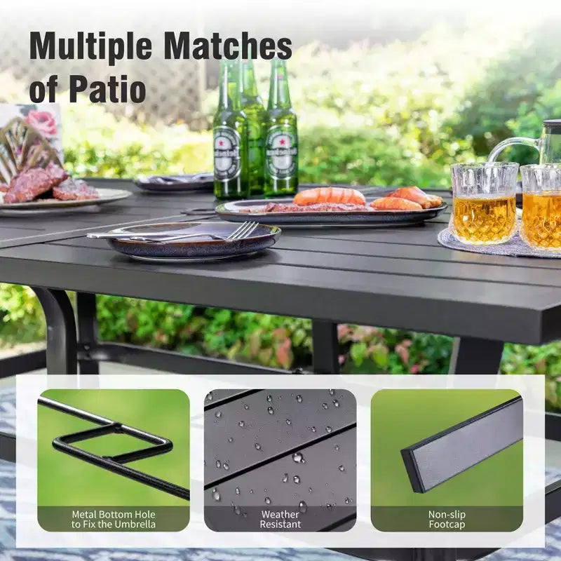 Captiva Designs Ensemble 8 pièces : Table de salle à manger rectangulaire en acier, chaises en métal rembourrées et parasol déporté