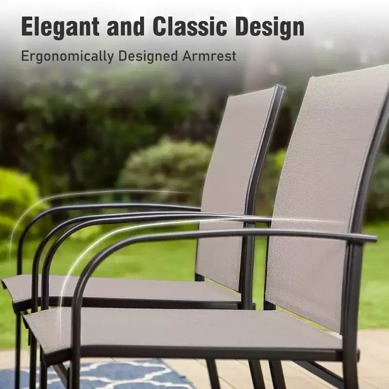 Captiva Designs 7pc Black Round Slatted Steel Table with Umbrella Hole & Textilene Chairs