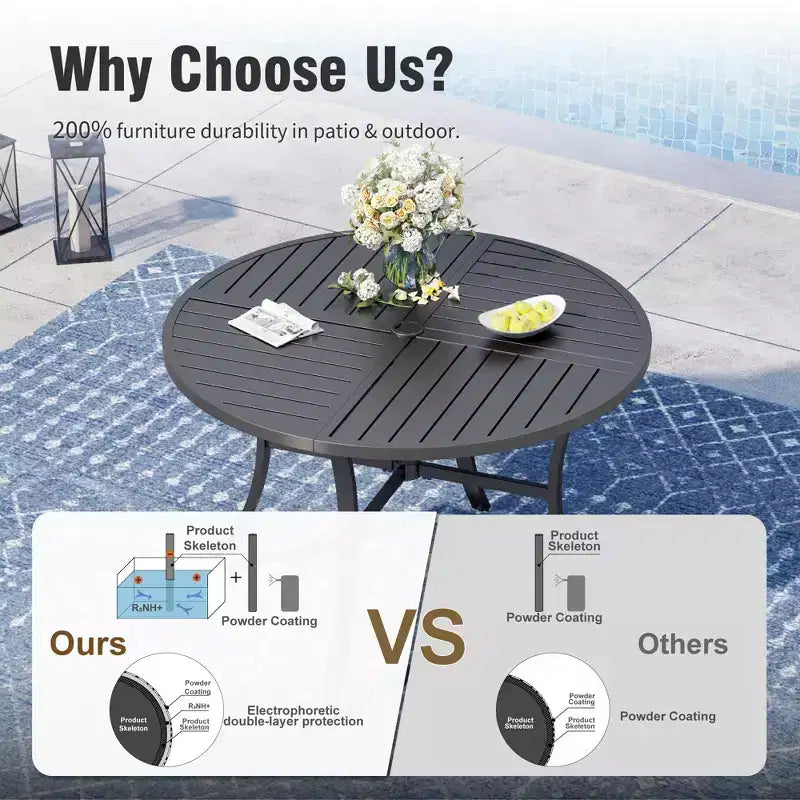Captiva Designs 7pc Black Round Slatted Steel Table with Umbrella Hole & Textilene Chairs