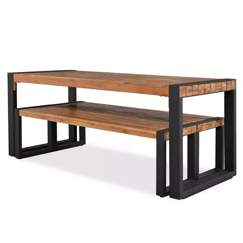 Whisen Weather-Resistant Outdoor Dining Table Set With 2 Benches, Patio Furniture Set With Unique Top Texture, Acacia Wood Top & Steel Frame - Natural