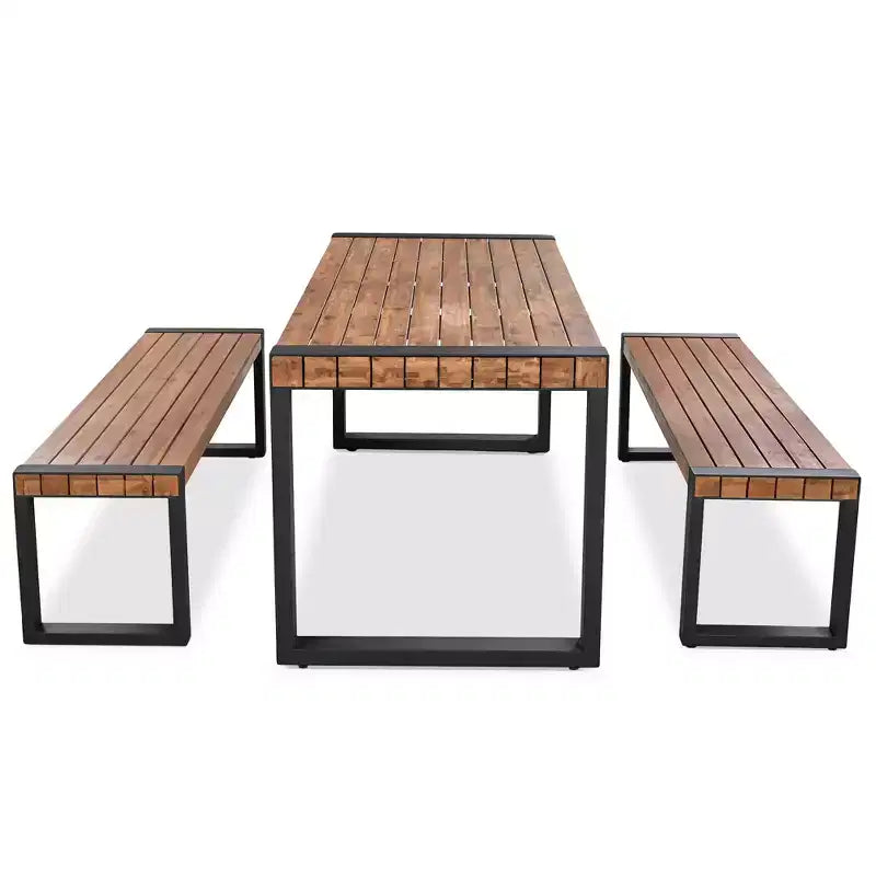 Whisen Weather-Resistant Outdoor Dining Table Set With 2 Benches, Patio Furniture Set With Unique Top Texture, Acacia Wood Top & Steel Frame - Natural