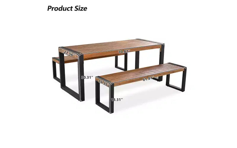 Whisen Weather-Resistant Outdoor Dining Table Set With 2 Benches, Patio Furniture Set With Unique Top Texture, Acacia Wood Top & Steel Frame - Natural