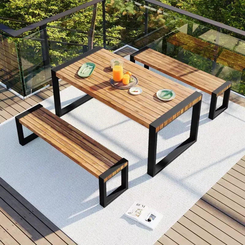 Whisen Weather-Resistant Outdoor Dining Table Set With 2 Benches, Patio Furniture Set With Unique Top Texture, Acacia Wood Top & Steel Frame - Natural