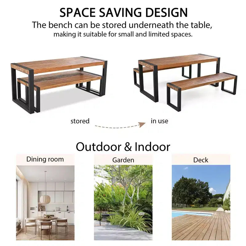 Whisen Weather-Resistant Outdoor Dining Table Set With 2 Benches, Patio Furniture Set With Unique Top Texture, Acacia Wood Top & Steel Frame - Natural