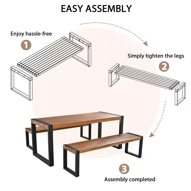 Whisen Weather-Resistant Outdoor Dining Table Set With 2 Benches, Patio Furniture Set With Unique Top Texture, Acacia Wood Top & Steel Frame - Natural