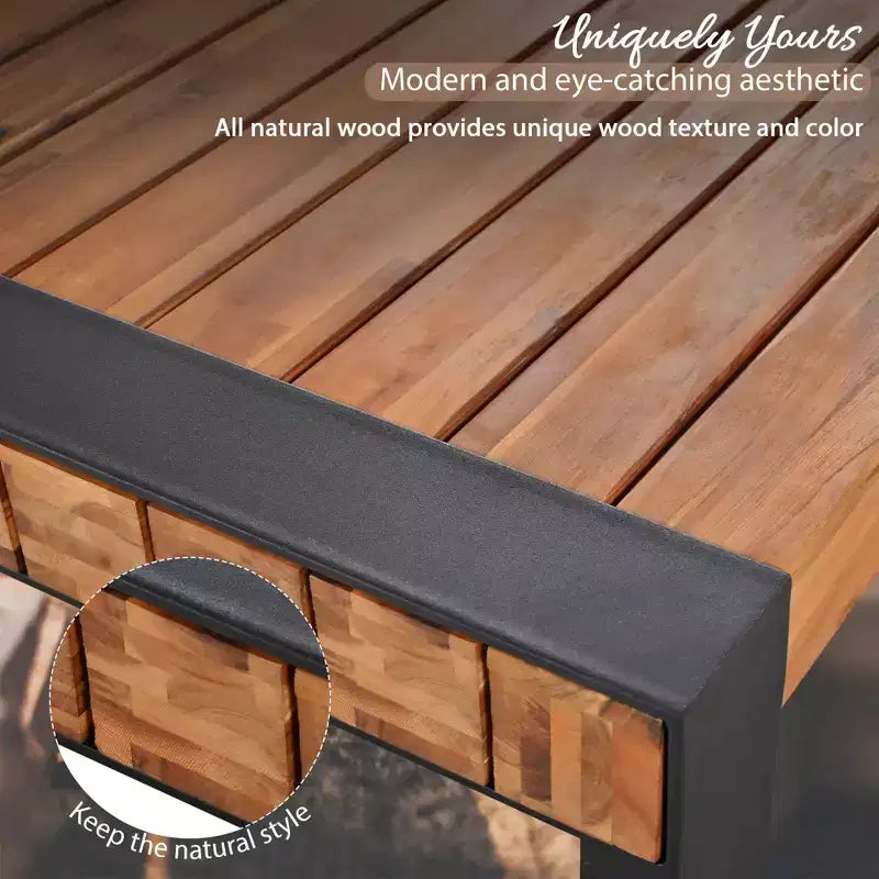 Whisen Weather-Resistant Outdoor Dining Table Set With 2 Benches, Patio Furniture Set With Unique Top Texture, Acacia Wood Top & Steel Frame - Natural