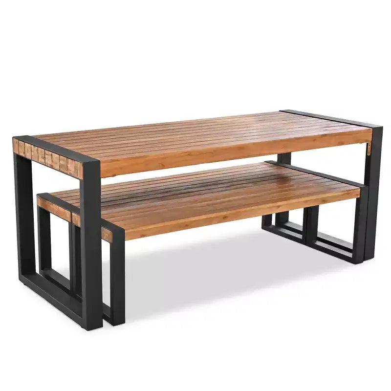 Whisen Weather-Resistant Outdoor Dining Table Set With 2 Benches, Patio Furniture Set With Unique Top Texture, Acacia Wood Top & Steel Frame - Natural
