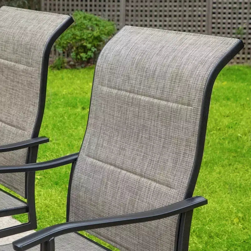 Captiva Designs 7pc Patio Black Slatted Round Steel Table with Umbrella Hole & Grayish Brown Textilene Chairs
