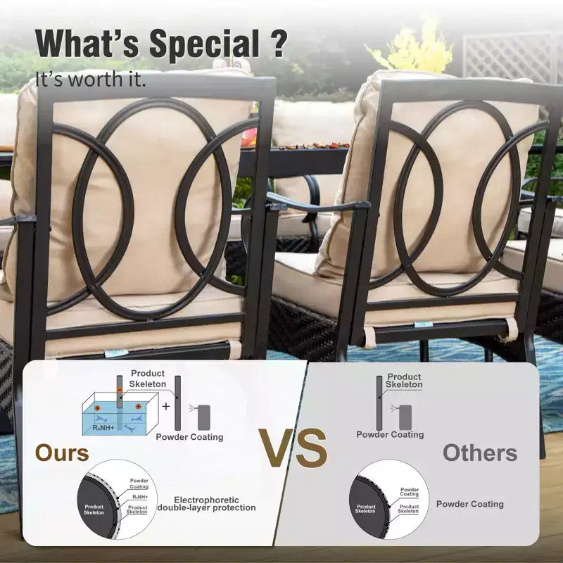 Captiva Designs Ensemble 9 Pièces Table Carrée Spacieuse à Lattes et Chaises en Métal Effet Rotin avec Coussins Épais