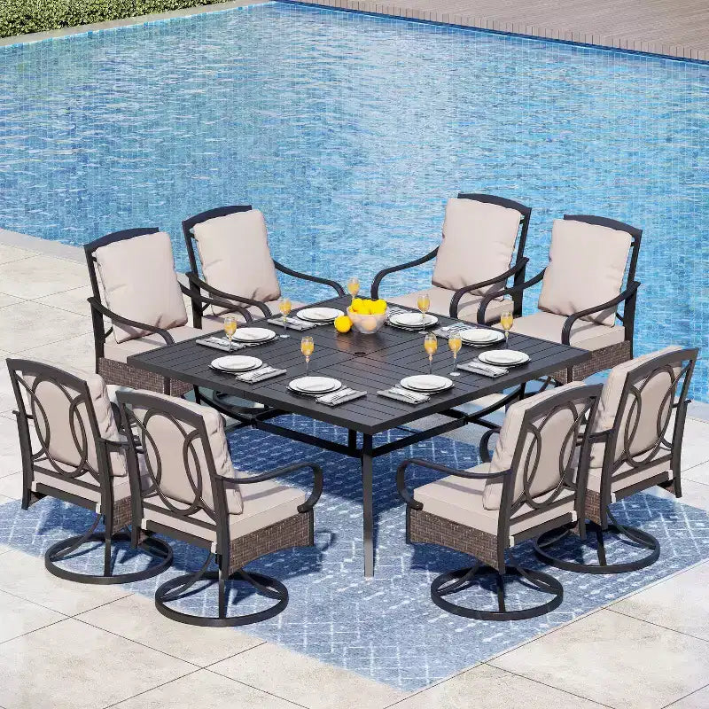 Captiva Designs 9pc Spacious Slat-top Square Metal Table & Rattan Metal Chairs with Thick Cushions