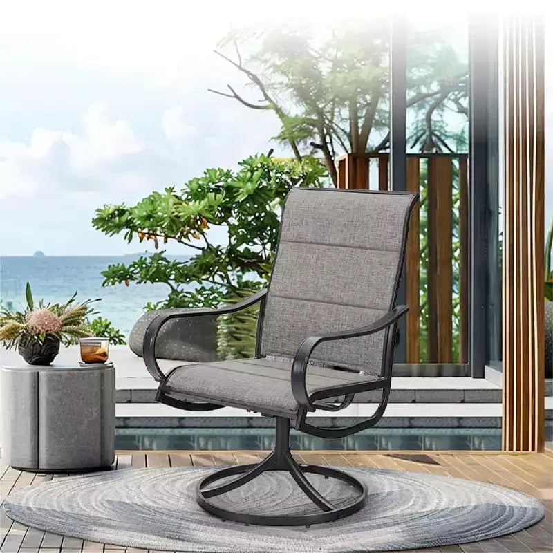Captiva Designs 9pc Spacious Slat-top Square Metal Table with Umbrella Hole & Padded Textilene Swivel Chairs